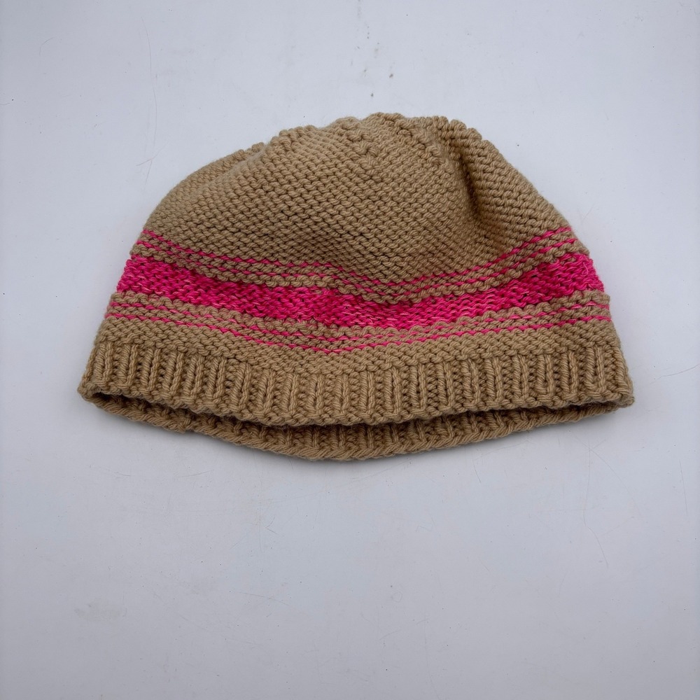 Womens Knit Beanie Hat Tan Pink Striped Cozy Winter Warm - Picture 3 of 4